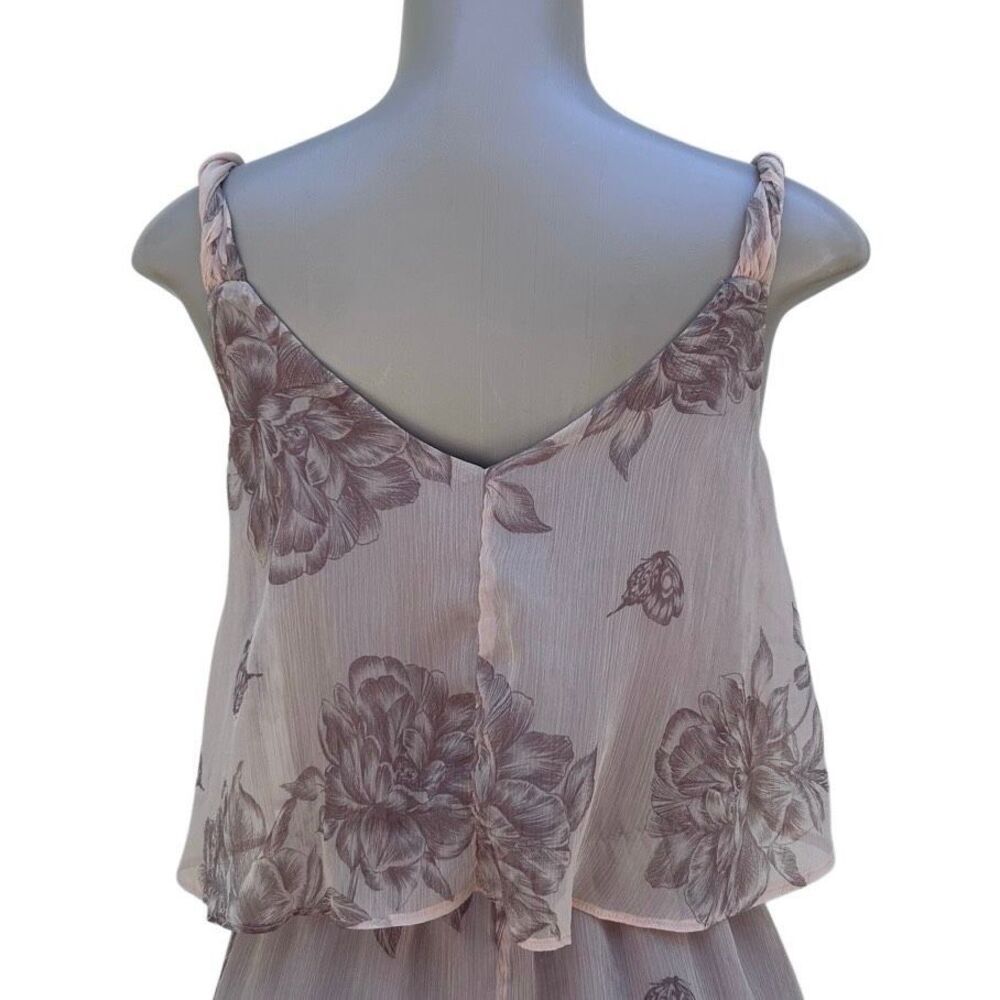 Love21 Popover High Low Dress Women's Medium Pink Taupe Floral Chiffon V-neck - Picture 9 of 14